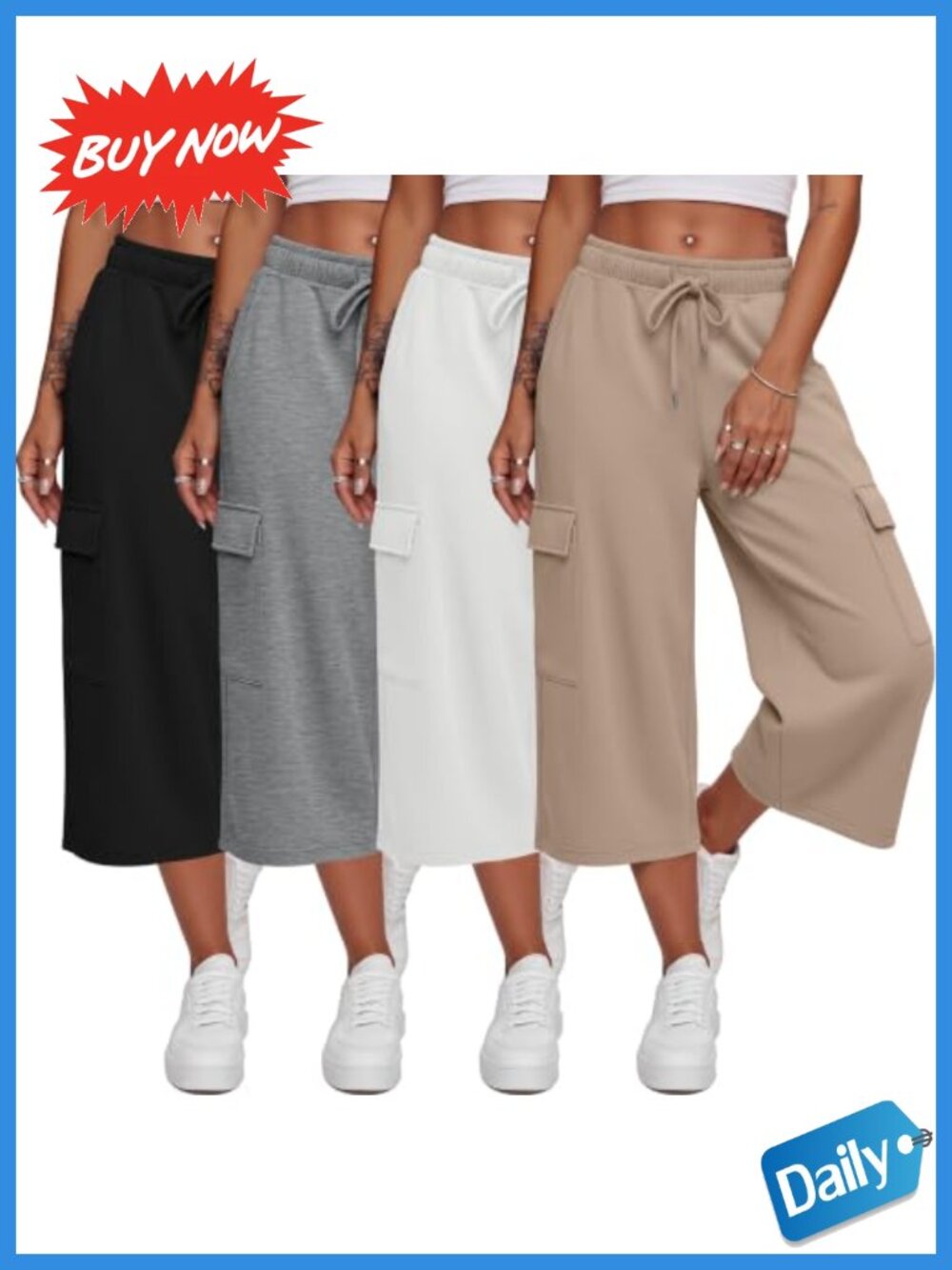 4 Pack Women's Capri Sweatpants Wide Leg Cargo Pockets Loose Fit